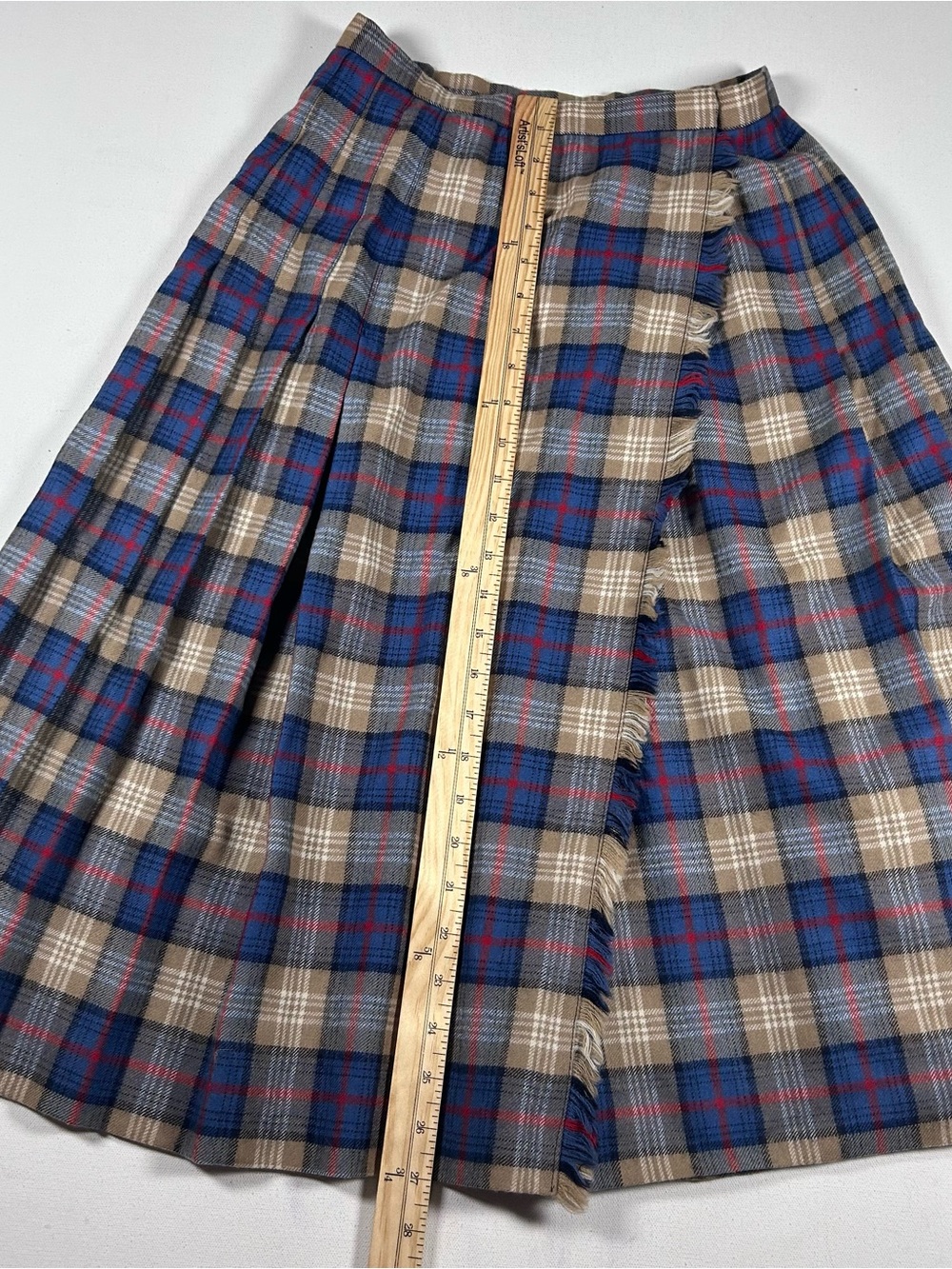 VTG David Brooks Pleated Casual Midi Skirt 8 Blue Beige 100% Wool 70s 80s USA - Picture 2 of 6